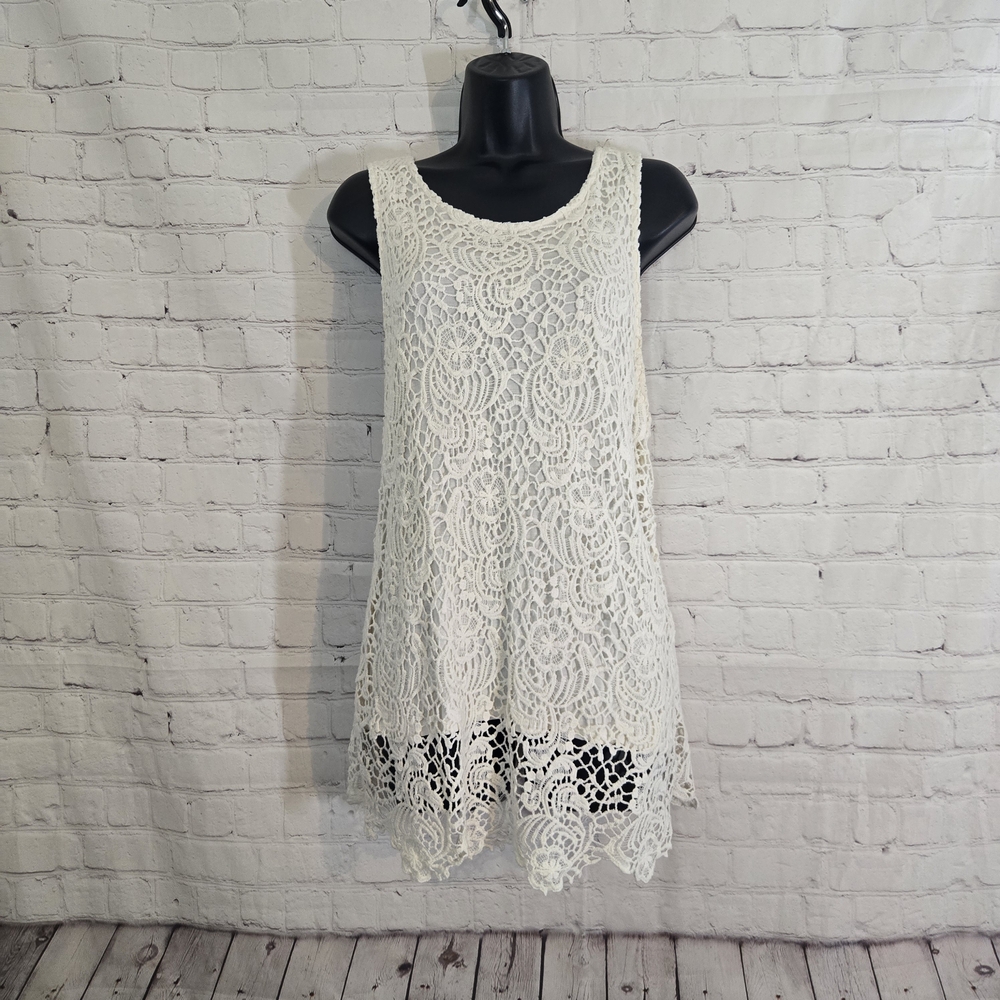 Lucky Brand Crochet Lace Mini Dress Tunic Sz Lg 100% Cotton Ivory Boho Hippie